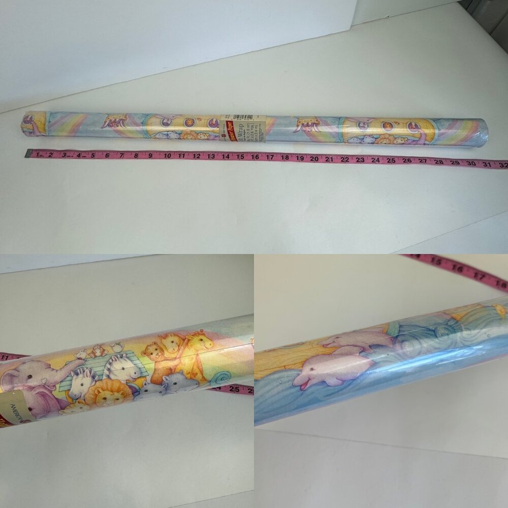 Sealed Vtg American Greetings Noah's Ark Pastel Baby Shower Wrapping Paper‎ Tube